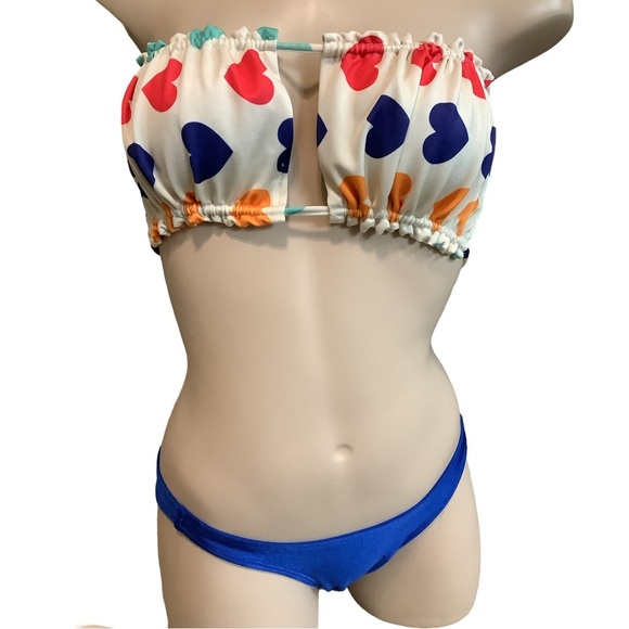 Zuliana Size S Multi Heart Bikini Print Top & Blue Bikini Bottom. New With Tags - Picture 1 of 5